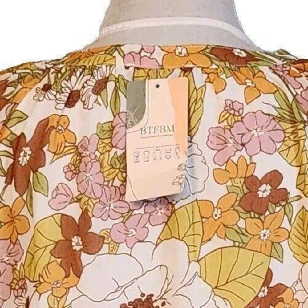 BTFBM Size Large Tan Pink Floral V Neck Long Balloon Sleeve Boho Top NWT - Picture 6 of 8